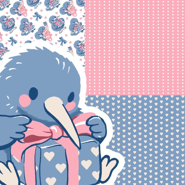 Feuille De Papier Cadeau Cute Valentine Kiwi Bird Hearts Bow Soft Pink Blue (Cute kiwi bird Valentine gift wrap with hearts, bows, and soft pastel patterns for sweet celebration)
