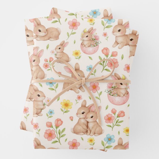 Feuille De Papier Cadeau Cute Watercolor Bunnies & Flowers Pattern (En situation)