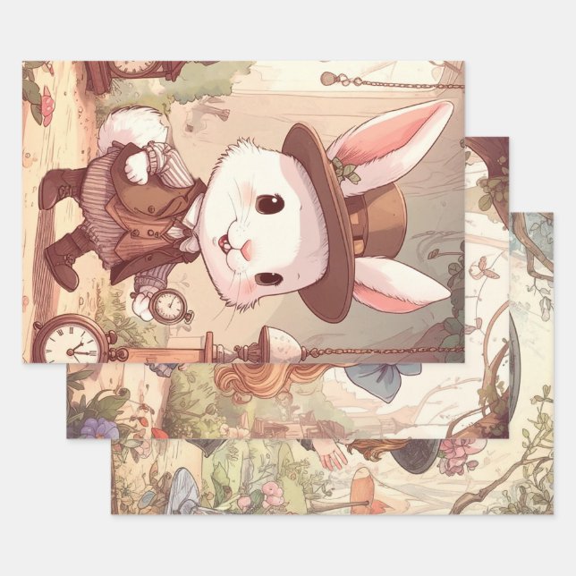 Feuille De Papier Cadeau Cute White Rabbit Wonderland Whimsical Timekeeper (Lot)