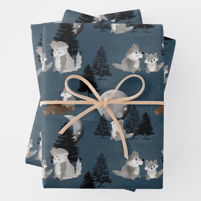 Feuille De Papier Cadeau Cute Wolf Pack Woodland Night Sky Moon (En situation)
