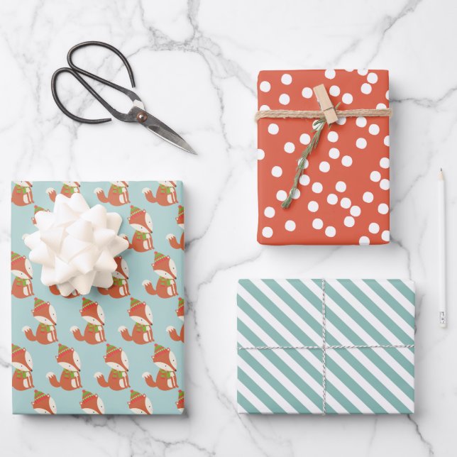 Feuille De Papier Cadeau Cute Woodland Fox Motif - Aqua Green Christmas (Recto)