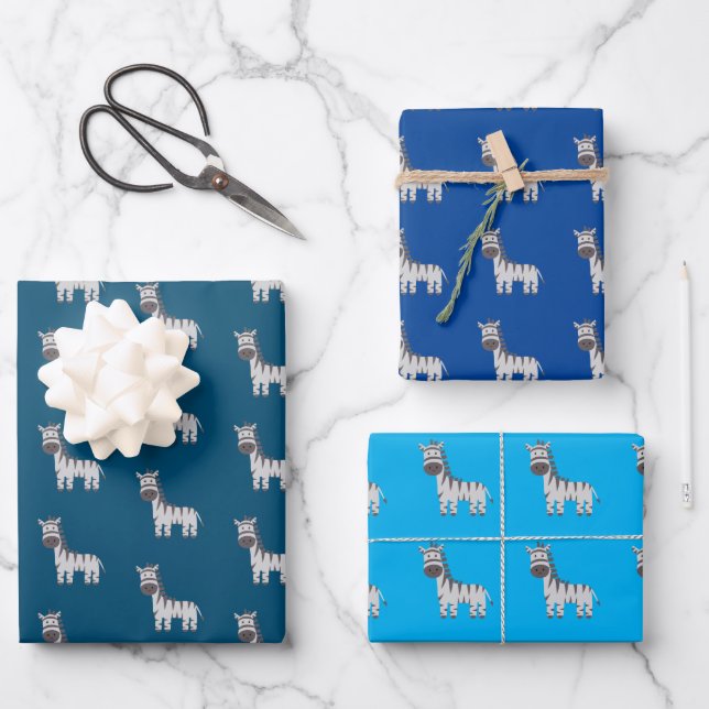 Feuille De Papier Cadeau Cute Zebra Zoo Animaux Noir Blanc Bleu (Recto)