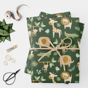 Feuille De Papier Cadeau CuteJungle Animaux sur Arrière - plan vert foncé