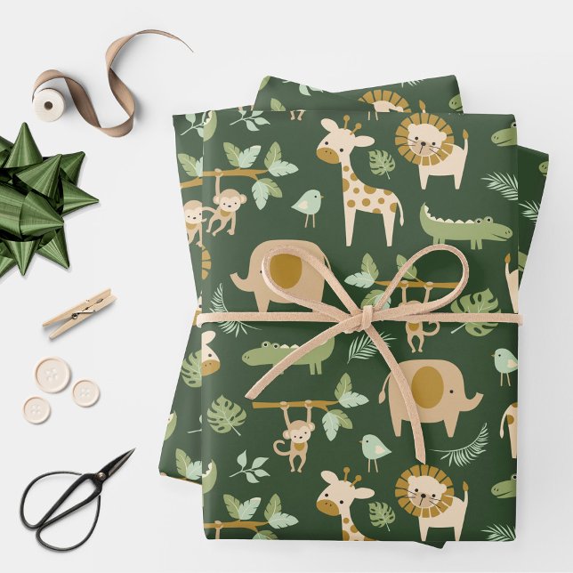 Feuille De Papier Cadeau CuteJungle Animaux sur Arrière - plan vert foncé (Créateur téléchargé)