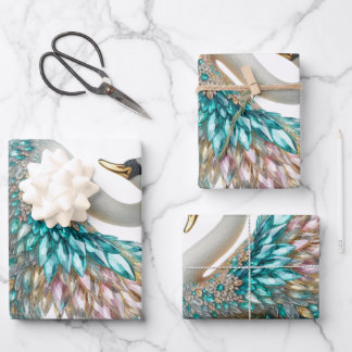 Feuille De Papier Cadeau Cygne en Diamants Dorés Cristal Brillants
