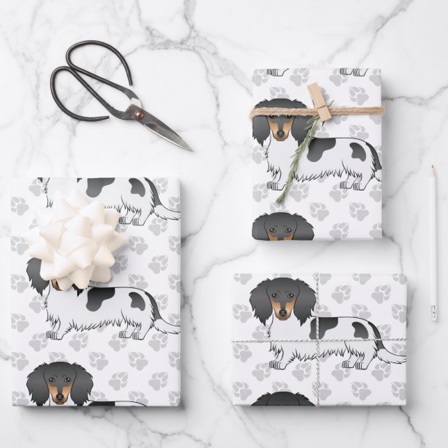 Feuille De Papier Cadeau Dachshund à poil long piebalde noir et feu & patte (Recto)