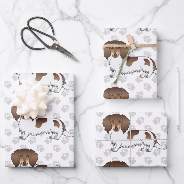Feuille De Papier Cadeau Dachshund à poils longs chocolat et tan piebald &  (Recto)