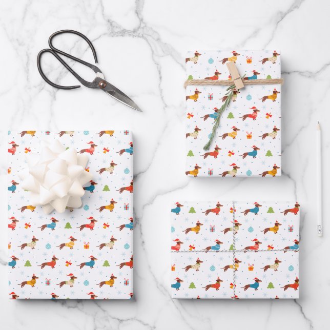 Feuille De Papier Cadeau Dachshund de Noël en pulls tricotés d'hiver  (Recto)
