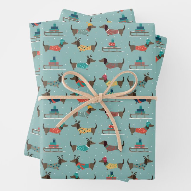 Feuille De Papier Cadeau Dachshund de vacances avec cadeaux et Motif de sle (En situation)
