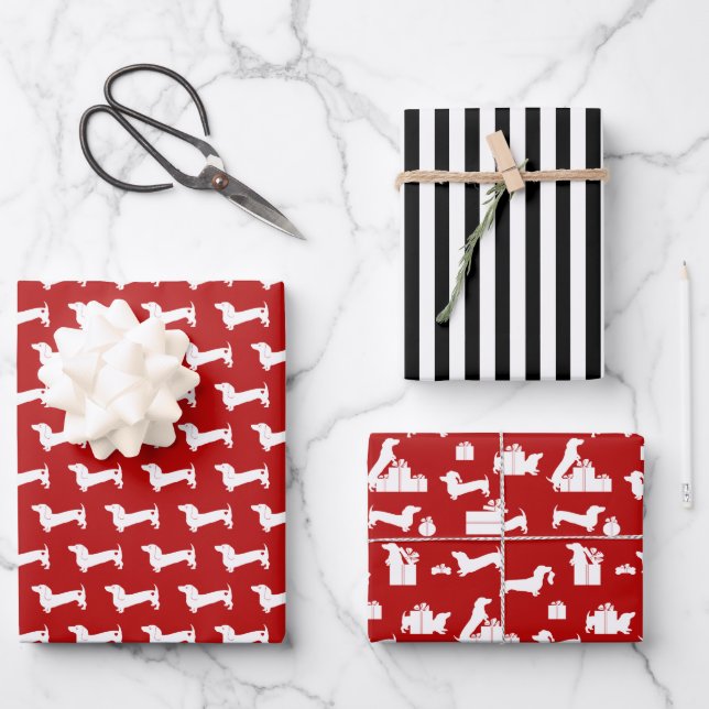 Feuille De Papier Cadeau Dachshund Noël rouge et noir (Recto)