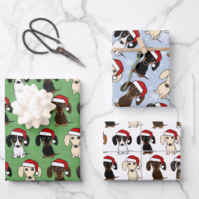 Feuille De Papier Cadeau Dachshund Santas Chiens mignons Noël (Recto)