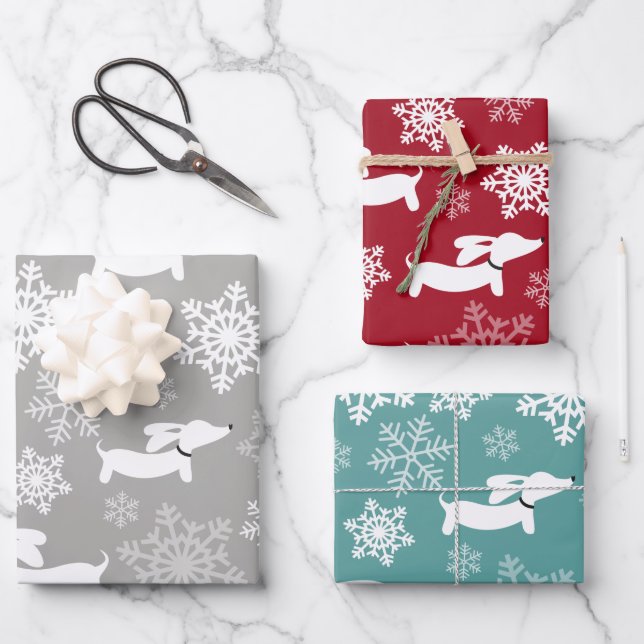 Feuille De Papier Cadeau Dachshund Snowflakes Noël Argent Rouge et Turquois (Recto)