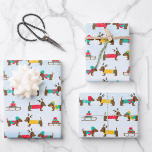 Feuille De Papier Cadeau Dachshunds Reindeer Sledge Motif de Noël