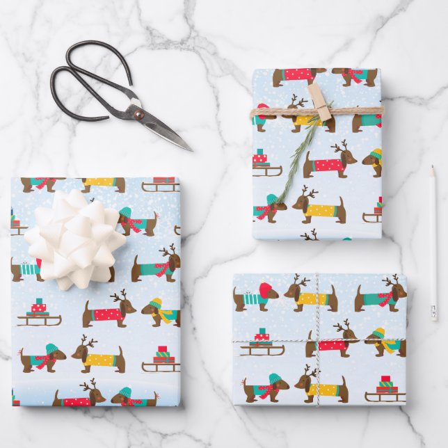 Feuille De Papier Cadeau Dachshunds Reindeer Sledge Motif de Noël (Recto)