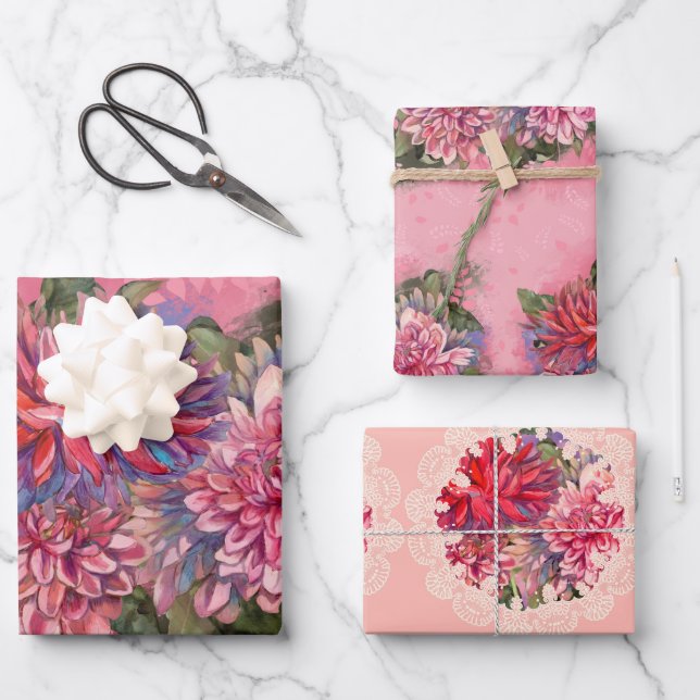 Feuille De Papier Cadeau Dahlias flowers pink watercolor pattern (Recto)