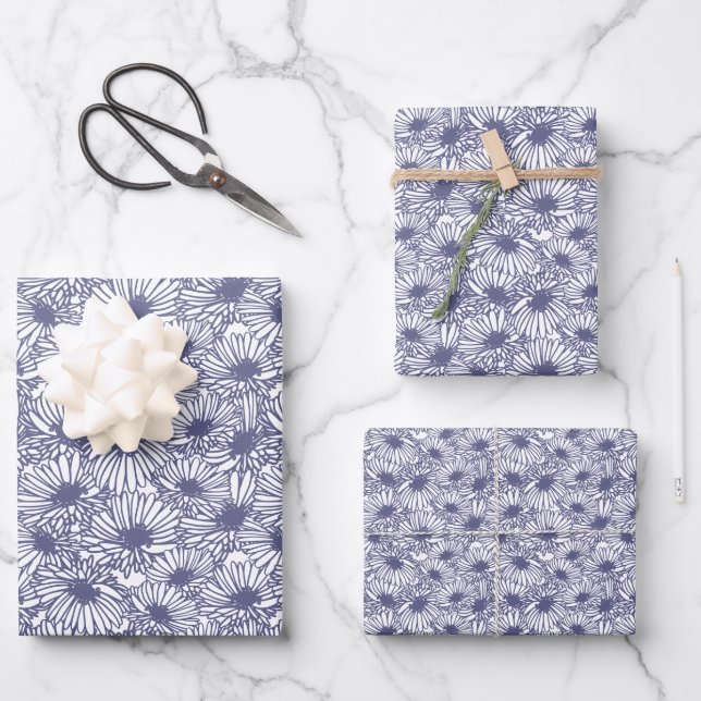 Feuille De Papier Cadeau Daisy Blooms - Midnight Blue  (Recto)