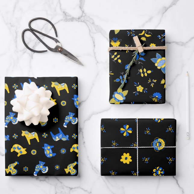 Feuille De Papier Cadeau Dala folklorique suédois Animaux de ferme l bleu e (Recto)