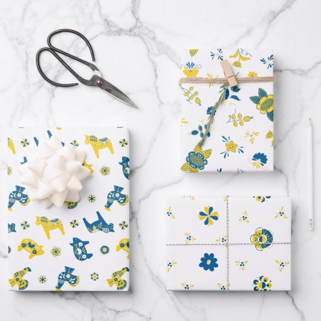 Feuille De Papier Cadeau Dala folklorique suédois Animaux de ferme l bleu e (Recto)