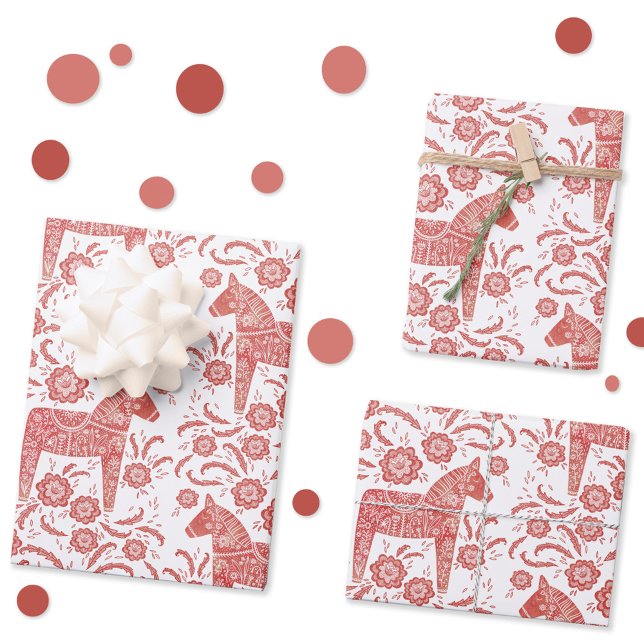 Feuille De Papier Cadeau Dala suédois Cheval Rouge et Blanc Art populaire (Swedish Dala Horse red and white folk art wrapping paper)