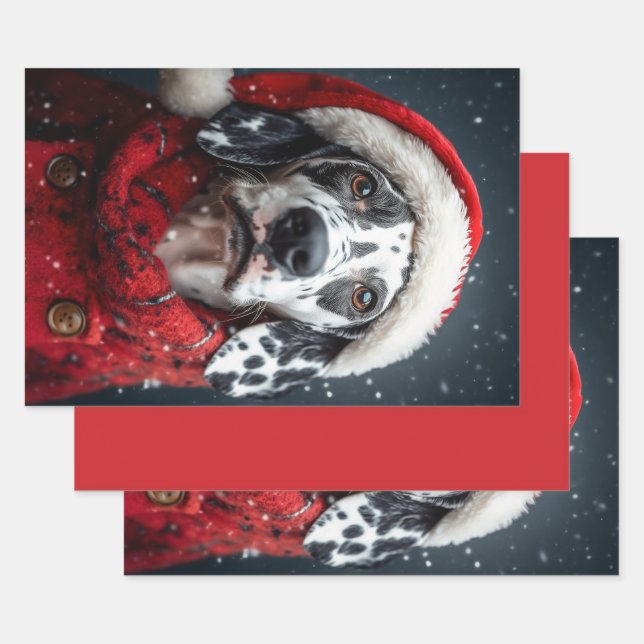 Feuille De Papier Cadeau Dalmatie festive à Père Noël Attire (Lot)