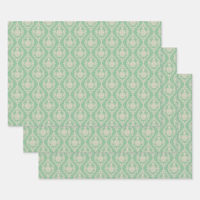 Feuille De Papier Cadeau Damas d'ananas vert (Lot)
