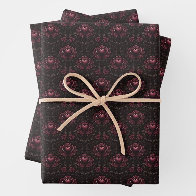 Feuille De Papier Cadeau Damas rose foncé sur noir (En situation)
