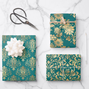 Feuille De Papier Cadeau Damas turquoise et Vintage or