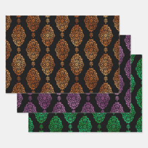 Feuille De Papier Cadeau Damassé d'Halloween orange, violet et vert