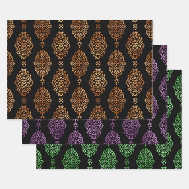 Feuille De Papier Cadeau Damassé d'Halloween orange, violet et vert (Lot)