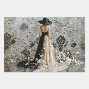 Feuille De Papier Cadeau Dame en Noir Damask Decoupage 