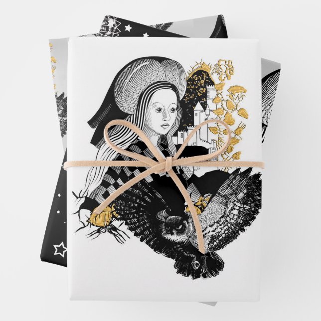Feuille De Papier Cadeau Dame et hibou (En situation)
