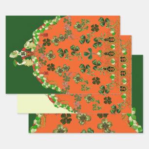 Feuille De Papier Cadeau DAME ORANGE ET TRÈFLES Saint-Patrick Vert 