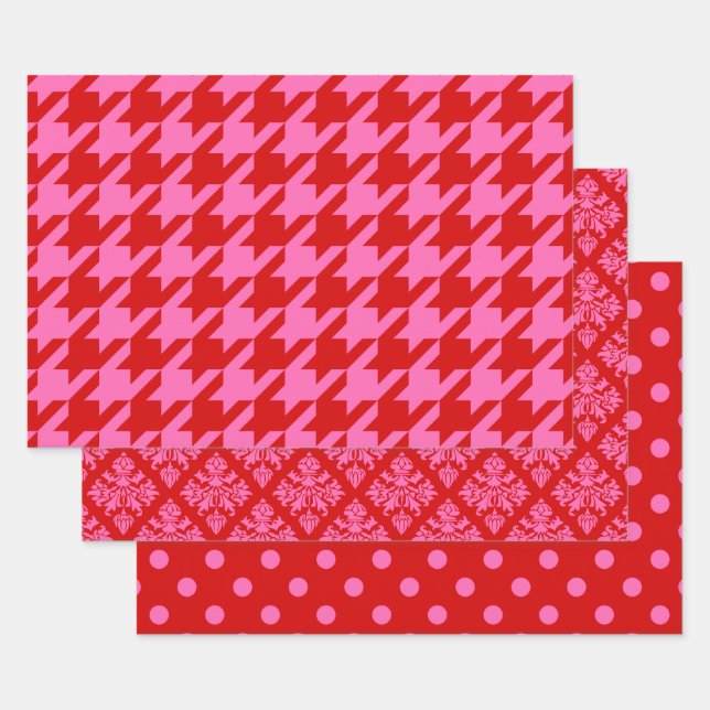 Feuille De Papier Cadeau Damier, Damassé, Points DIY Couleurs Rouge Rose (Lot)