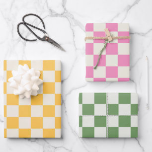 Feuille De Papier Cadeau Damier Jaune Rose Vert Prépa Retro Amusant