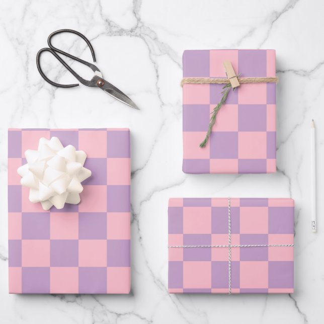 Feuille De Papier Cadeau Damier lilas et rose (Recto)