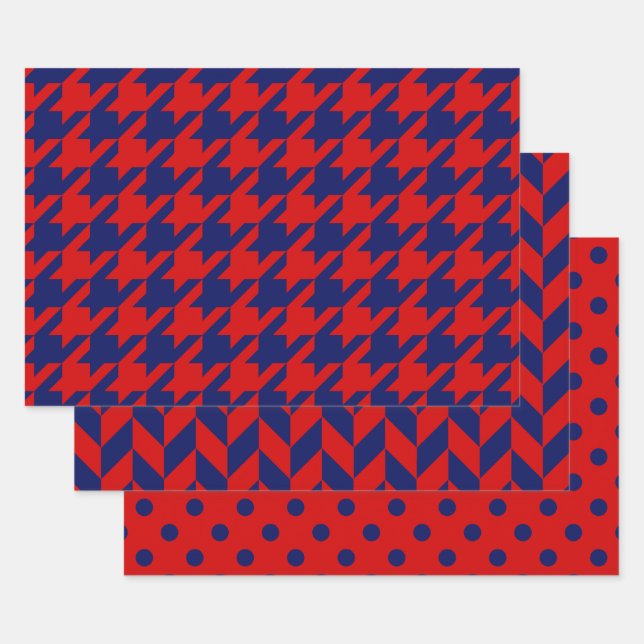 Feuille De Papier Cadeau Damier, Sergé, Points DIY Couleurs Rouge Bleu (Lot)