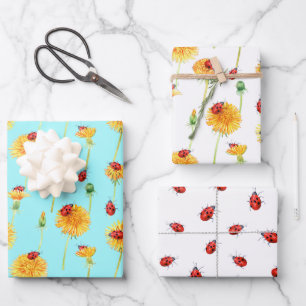 Feuille De Papier Cadeau Dandelions jaunes et Ladybugs rouges