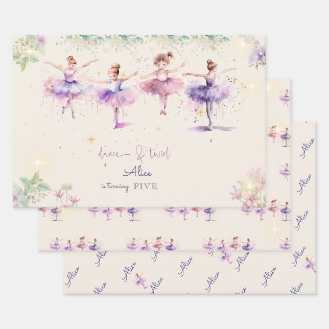 Feuille De Papier Cadeau Danse et tournoi ballerine aquarelle anniversaire (Lot)
