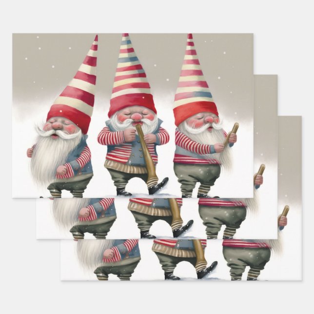 Feuille De Papier Cadeau Danser Musique Gnomes de Noël (Lot)