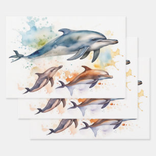 Feuille De Papier Cadeau Dauphins d'aquarelle dans les vagues océaniques
