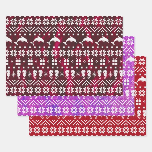 Feuille De Papier Cadeau Dauphins et hippocampes Noël à motifs (Lot)