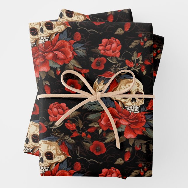 Feuille De Papier Cadeau Day of the Dead Skull and red Roses (En situation)