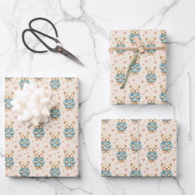 Feuille De Papier Cadeau De mignons Nounours en Sweaters Bleus (Recto)