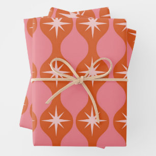 Feuille De Papier Cadeau Début du milieu du siècle sur Orange Rose Ogee