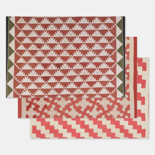 Feuille De Papier Cadeau Décor de courtepointes rouge et beige (Lot)