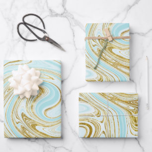Feuille De Papier Cadeau Décor de marbre bleu turquoise et or clair