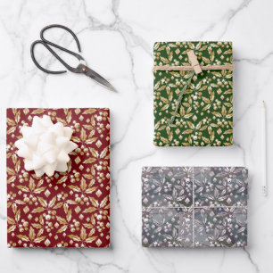 Feuille De Papier Cadeau Décor de Noël, or, brindilles d'argent, Noël
