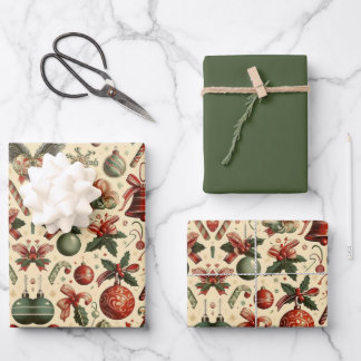 Feuille De Papier Cadeau Décoration de Noël Bonbons Ornements Rouge Vert Aq