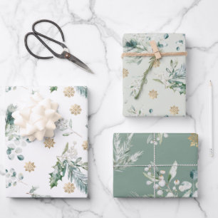 Feuille De Papier Cadeau Décoration de Noël hivernale verte et dorée élégan