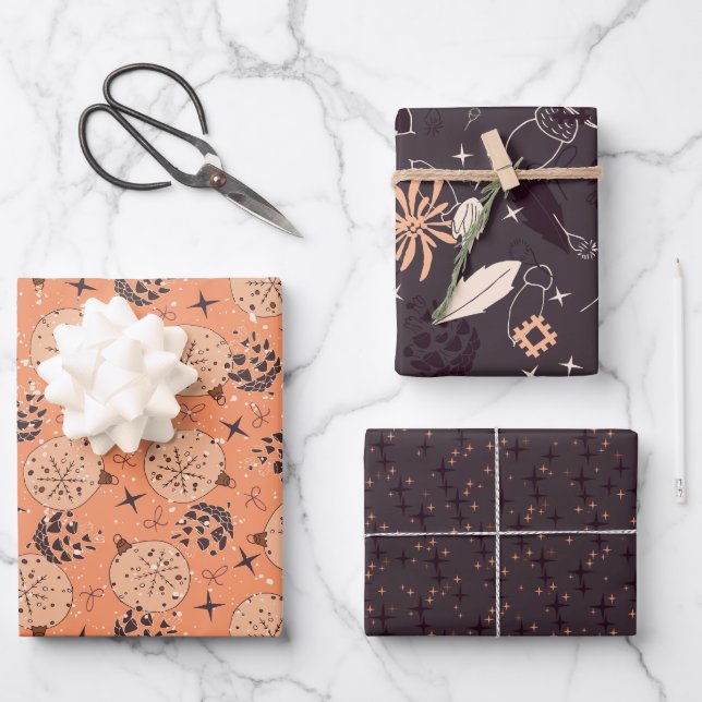 Feuille De Papier Cadeau Décorations de Noël, ornement, fleurs, cônes (Recto)